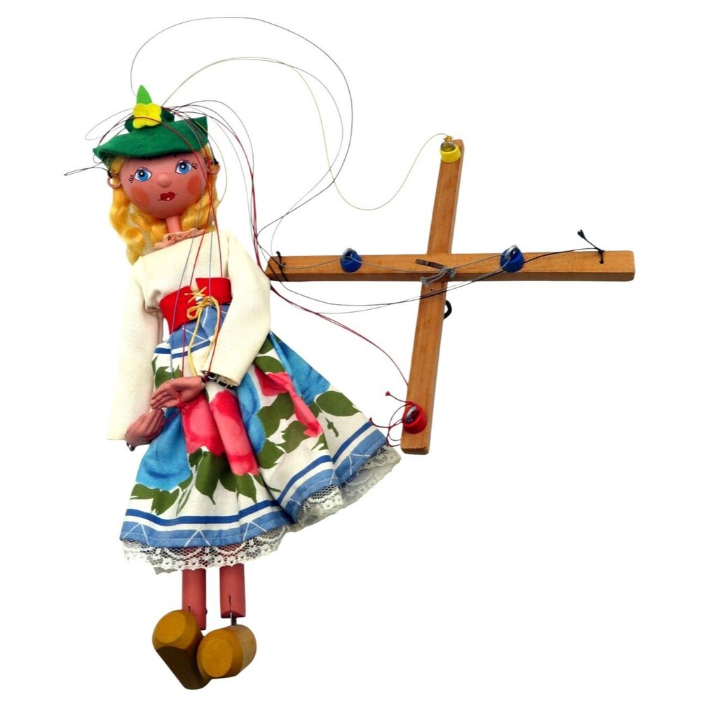Vintage European Folk Marionette 12" Hand-Painted Wooden String Puppet Girl